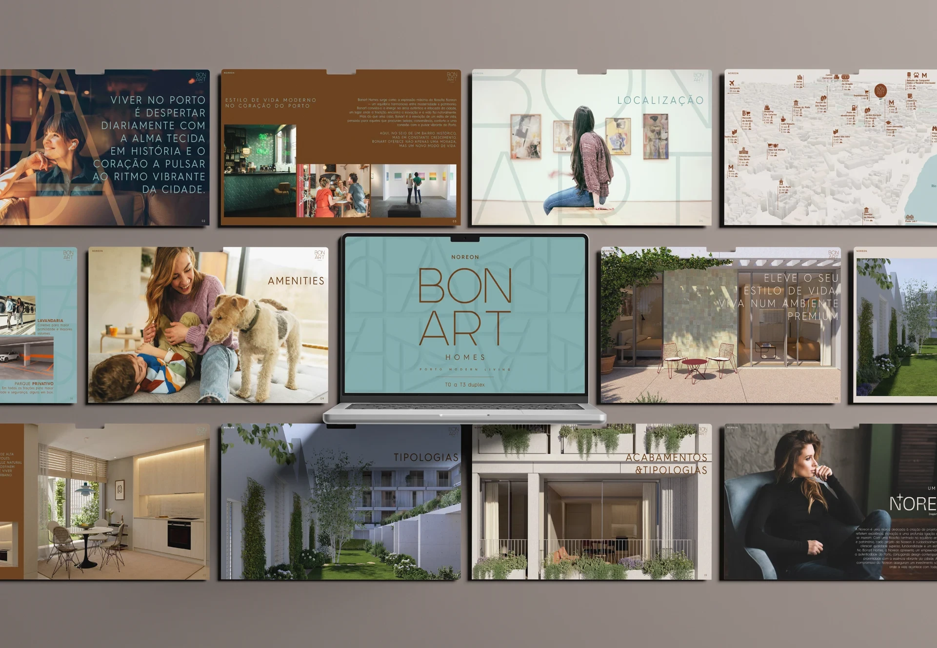 Páginas de brochura imobiliária com capa "BON ART HOMES" num portátil e slides como "LOCALIZAÇÃO" e "TIPOLOGIAS"
