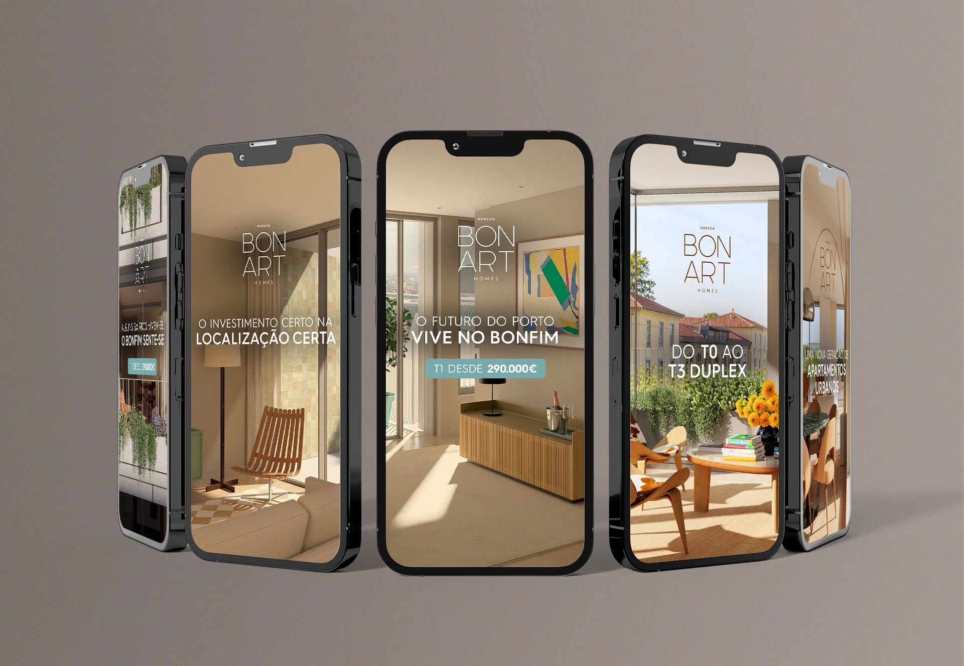 Cinco telemóveis com anúncios Bonart Homes: "O futuro do Porto vive no Bonfim", "T1 desde 290.000€"