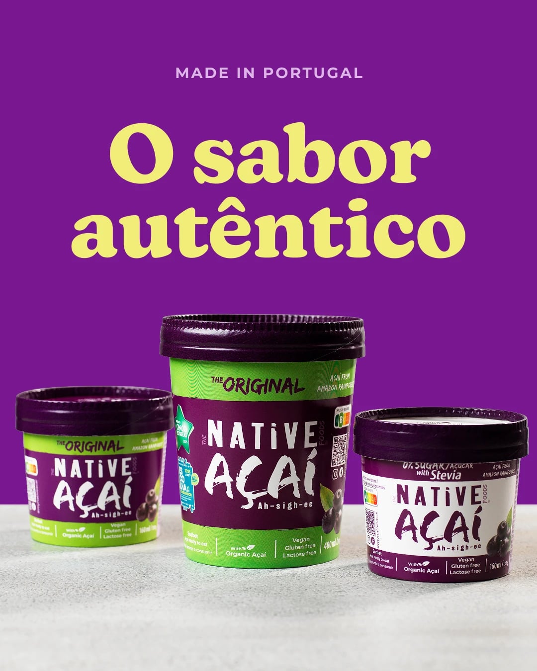 Três embalagens de gelado Native Açaí sobre fundo roxo com o texto "Made in Portugal" e "O sabor autêntico"