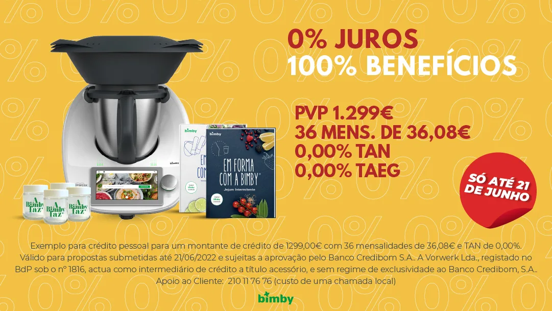 Cartaz Bimby em fundo amarelo com robô de cozinha, livros e potes, texto "0% JUROS 100% BENEFÍCIOS" e "PVP 1.299€"