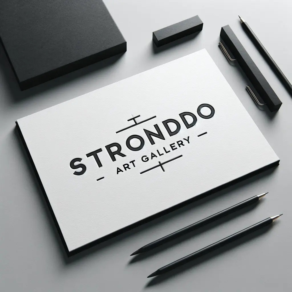 Stronddo Art Gallery business cards, black and white, on a dark table.