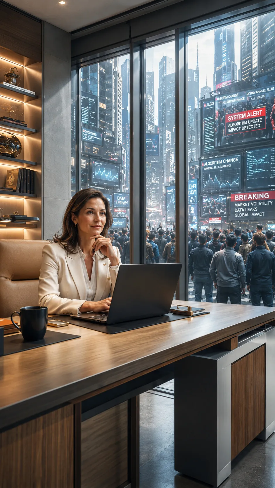 Someone working calmly in an office while, beyond the window, screens announce algorithm changes and market alerts.