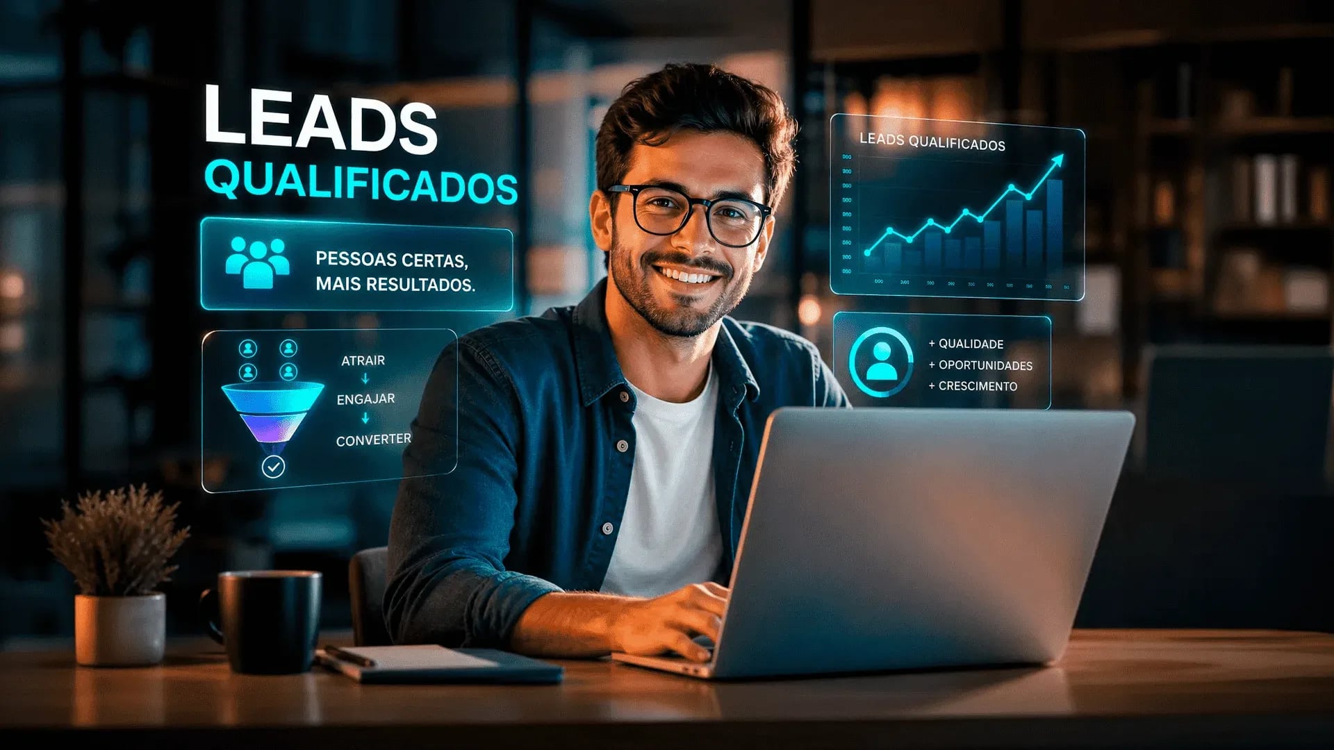 Homem jovem sorridente, de óculos e barba curta, sentado numa secretária em frente a um portátil aberto num ambiente de escritório moderno à noite.