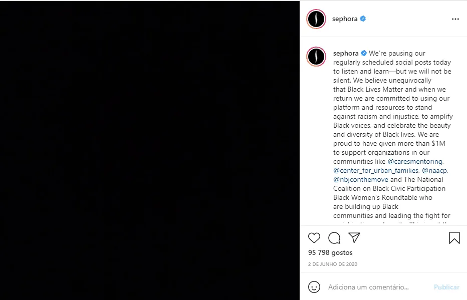 post no Instagram da Sephora sobre "Black Lives Matter"