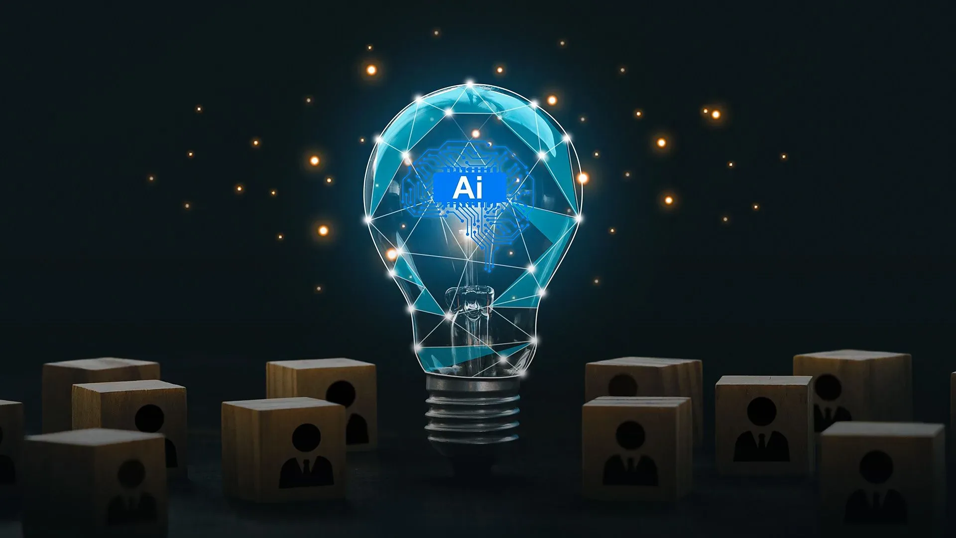 Lâmpada brilhante com elementos digitais representando inteligência artificial no centro, cercada por blocos de madeira com ícones de pessoas, simbolizando tecnologia e inovação em ambientes corporativos.