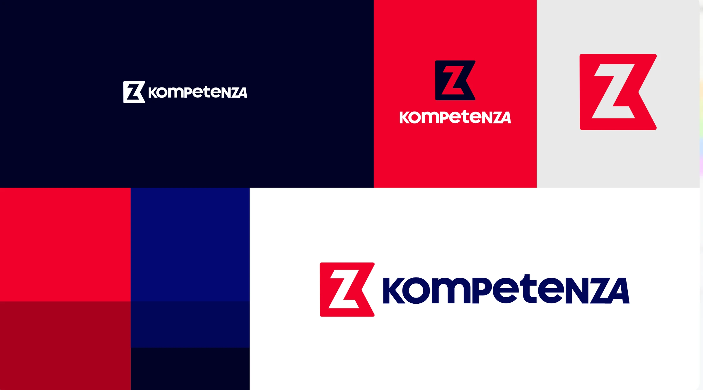 Variações do logótipo "Kompetenza" com símbolo Z sobre fundos azul-escuro, vermelho, cinzento e branco