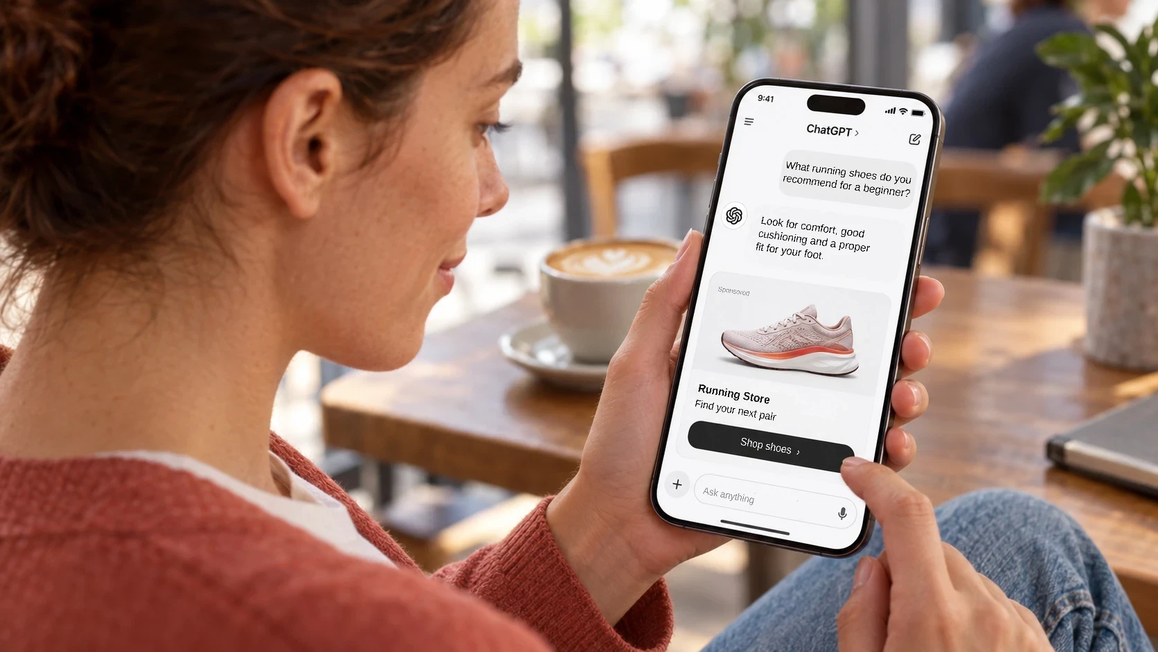 Woman using ChatGPT on her phone in a café, with a sponsored running-shoe ad appearing inside the conversation.