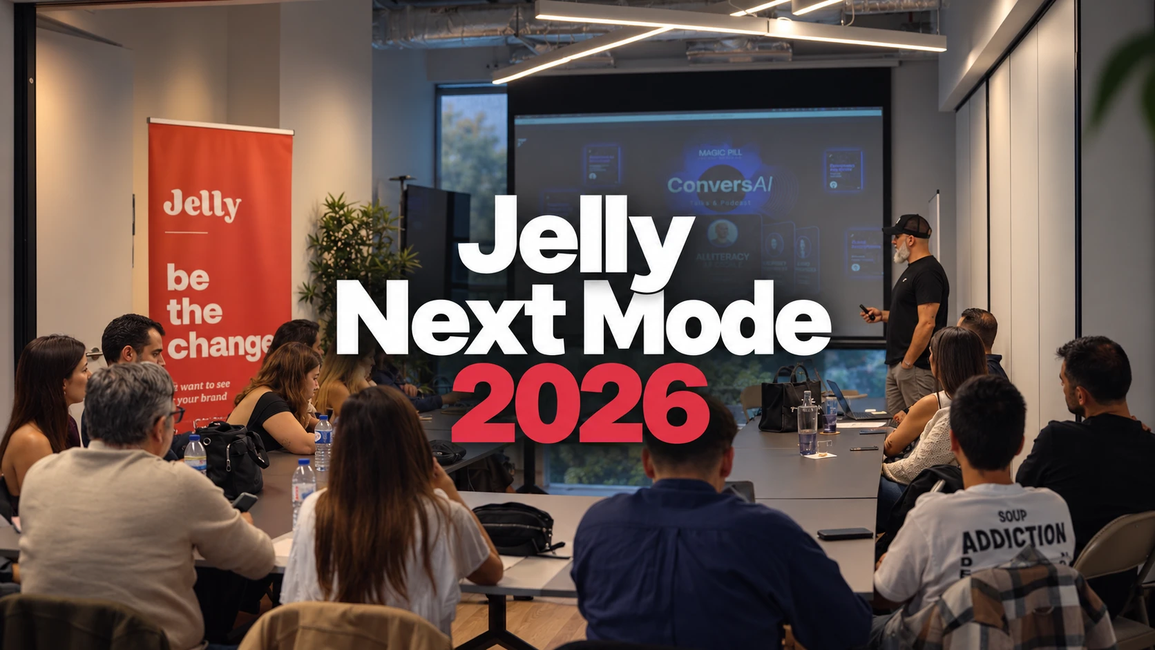 Orador de boné apresenta slide a plateia sentada em sala de reuniões, com o título "Jelly Next Mode 2026" sobreposto