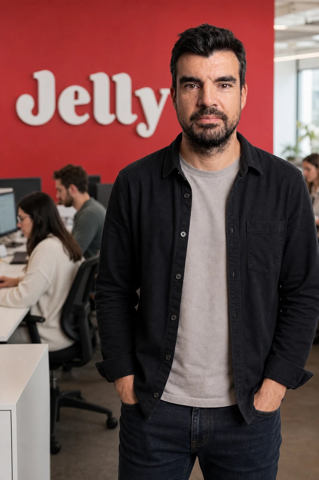 Homem de camisa escura e mãos nos bolsos em frente a parede vermelha com o logótipo "Jelly", colegas a trabalhar ao fundo