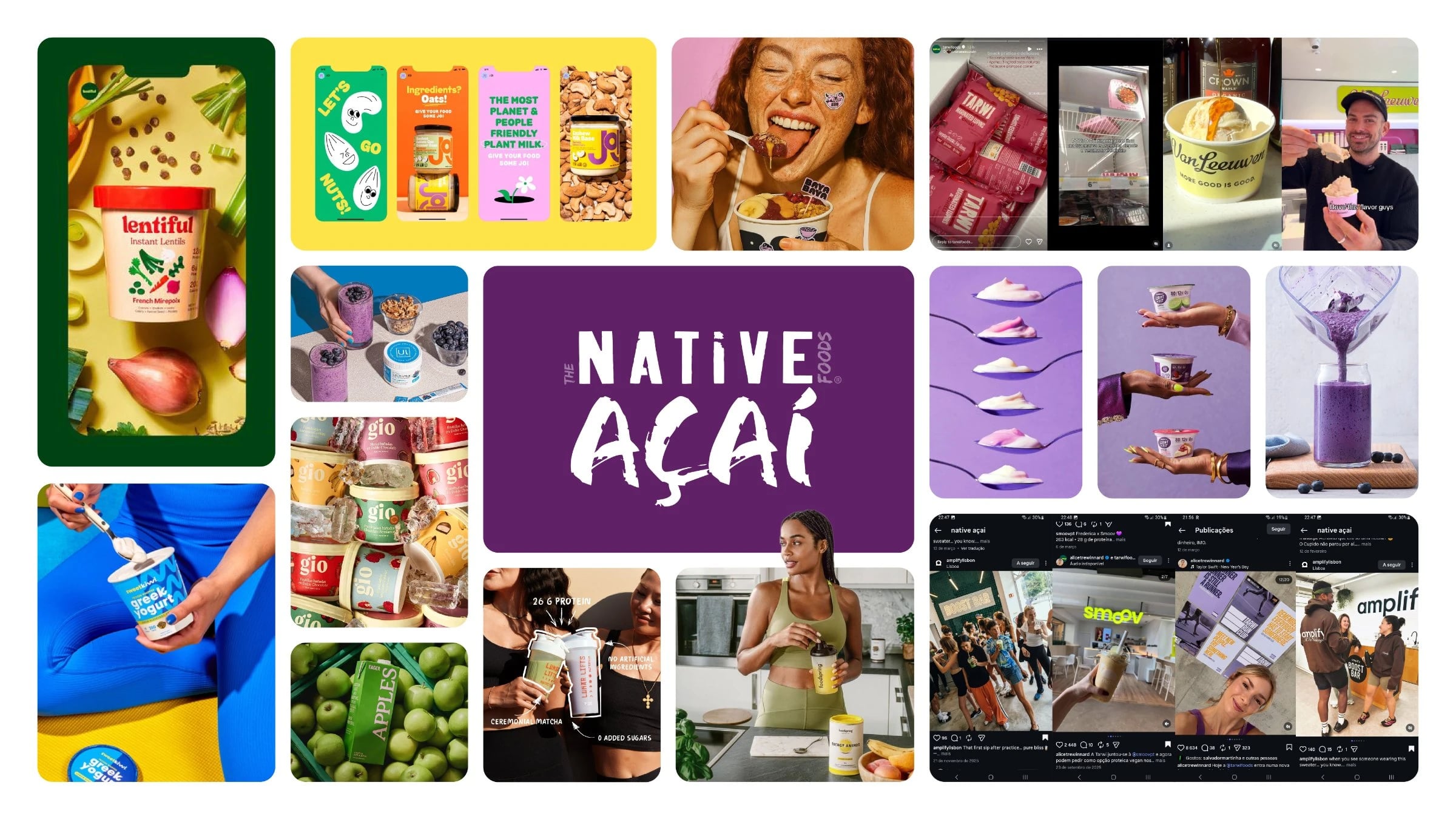 Colagem de fotografias de produtos alimentares, smoothies e publicações de redes sociais em torno do logótipo "The Native Açaí Foods"