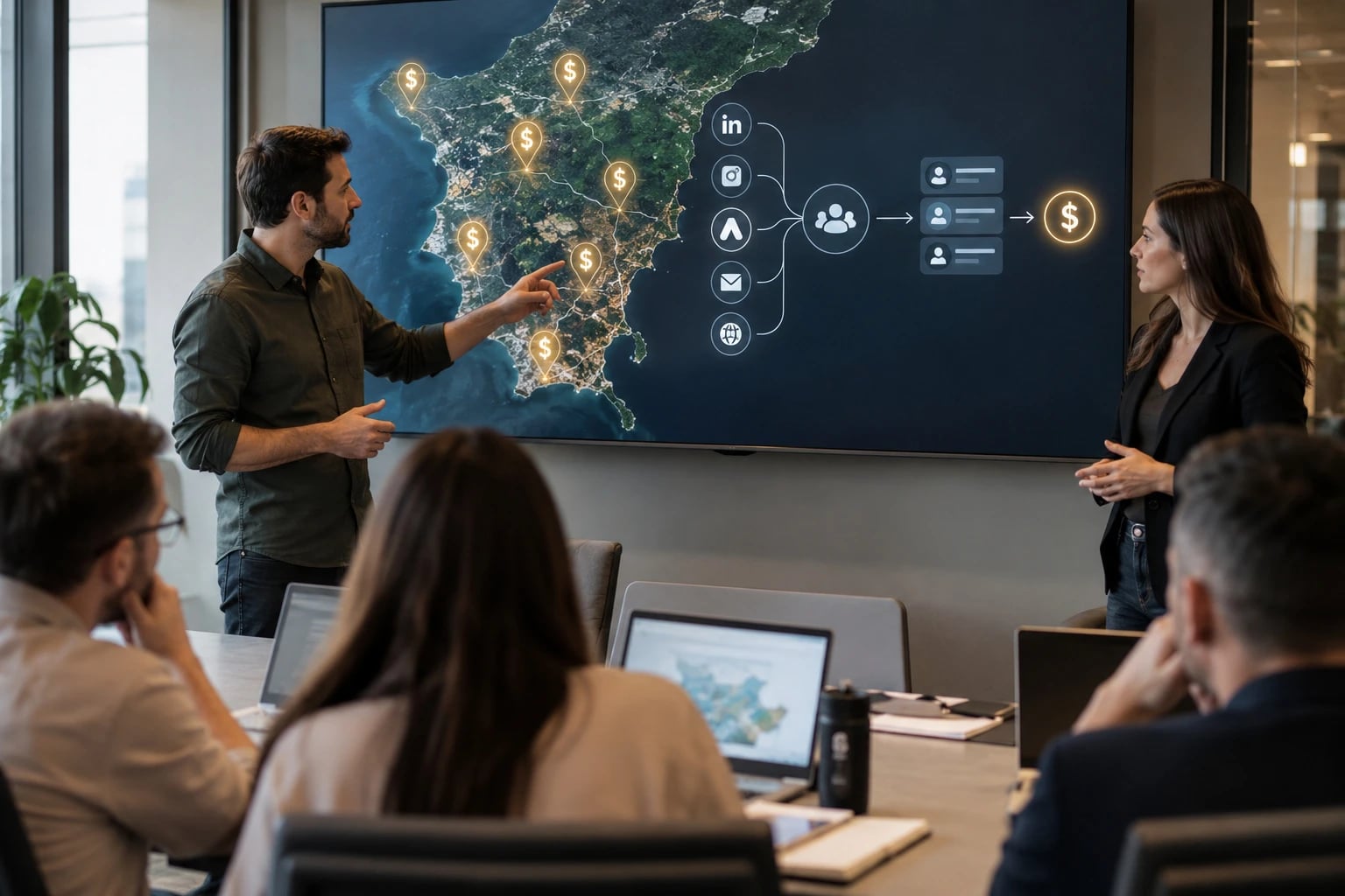 Dois profissionais apresentam uma estratégia de marketing digital com mapa geográfico e fluxo de canais para geração de receita numa sala de reuniões