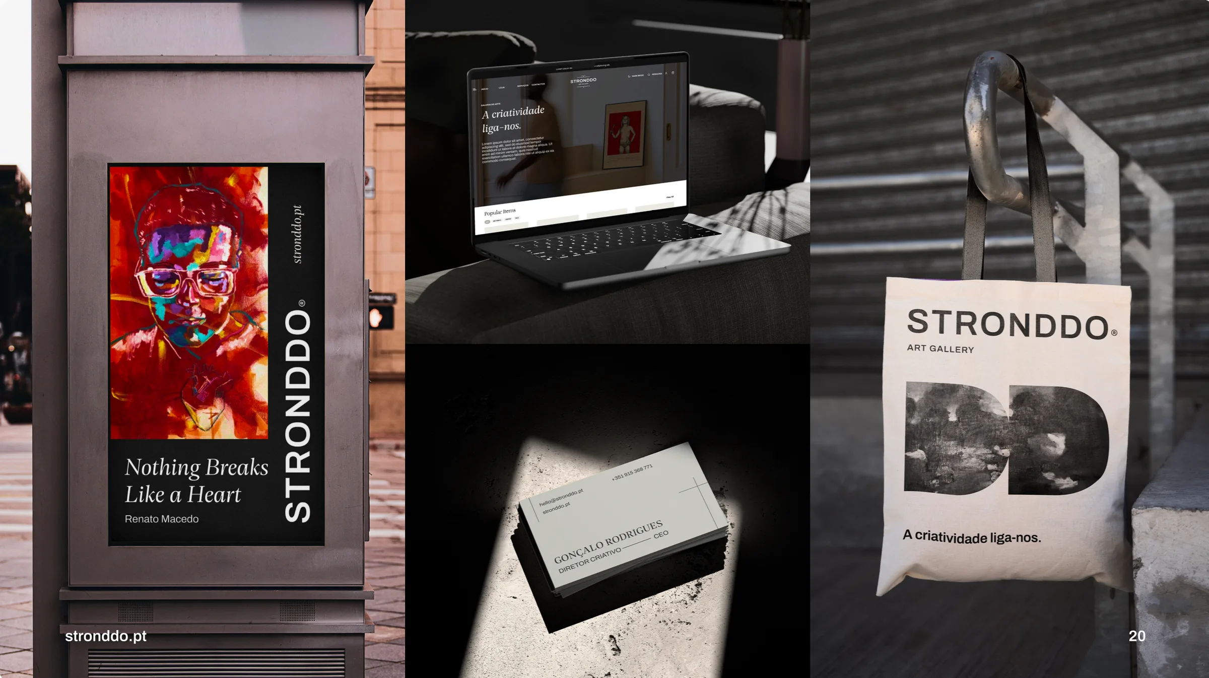 Mockups Stronddo: cartaz "Nothing Breaks Like a Heart", site em portátil, cartões de visita e saco de pano
