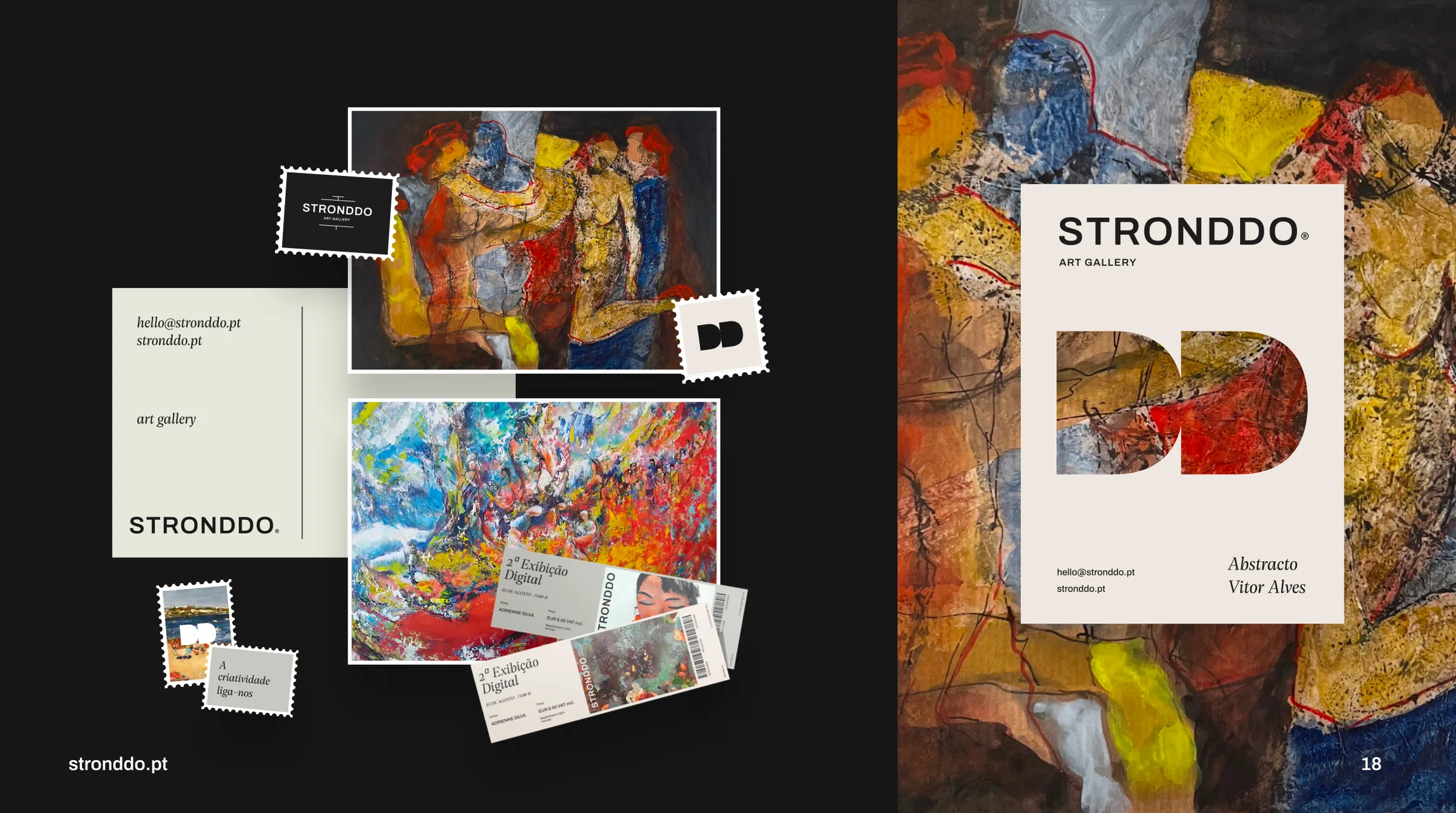 Composição de estacionário, selos, bilhetes e cartaz de uma galeria de arte com pinturas abstratas e o logótipo "STRONDDO ART GALLERY"