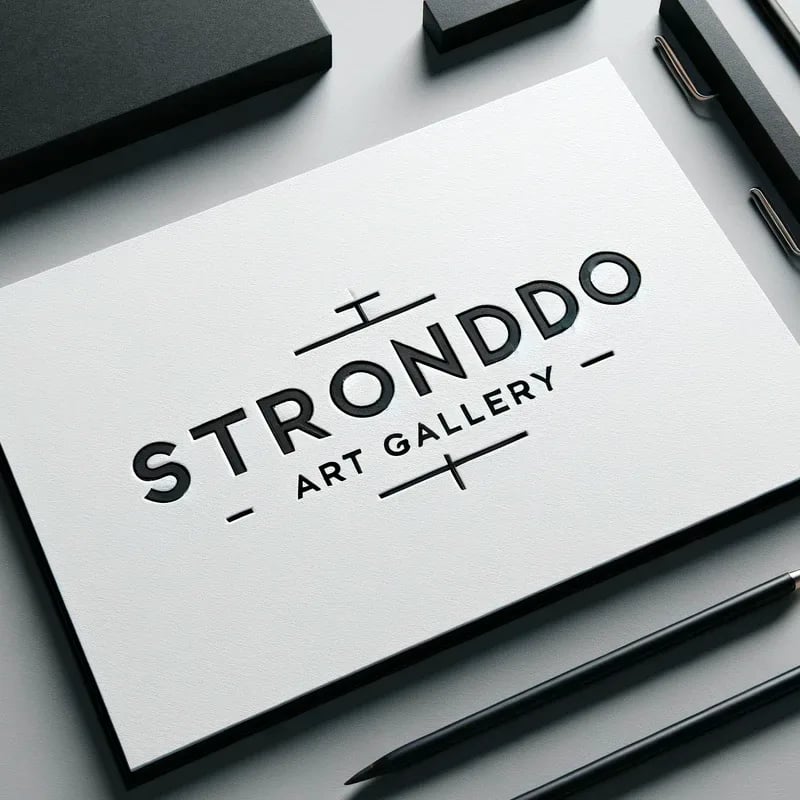 Cartão branco com logótipo em relevo "STRONDDO ART GALLERY" sobre mesa cinzenta com lápis e blocos pretos