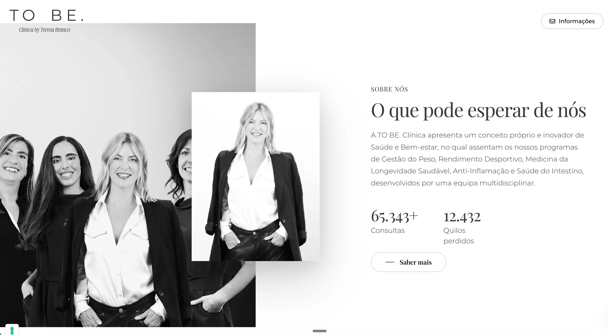 Site da TO BE. com fotos a preto e branco da equipa e os números «65.343+ Consultas» e «12.432 Quilos perdidos»