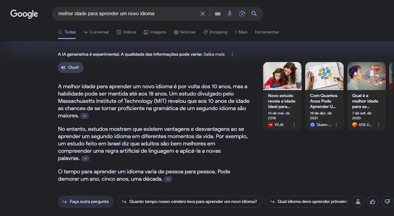 Resultado de uma pesquisa em IA Generativa do Google