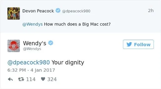 resposta da wendys no twitter ao seguidor