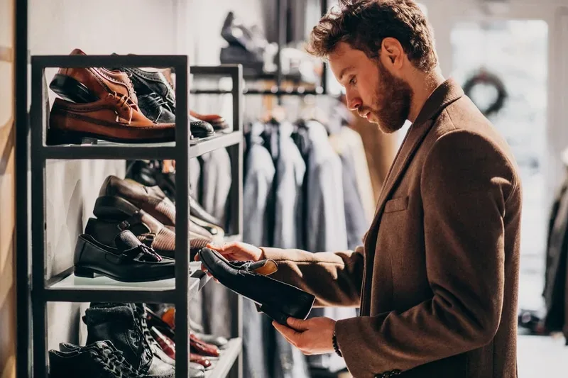 young handsome man choosing shoes shop