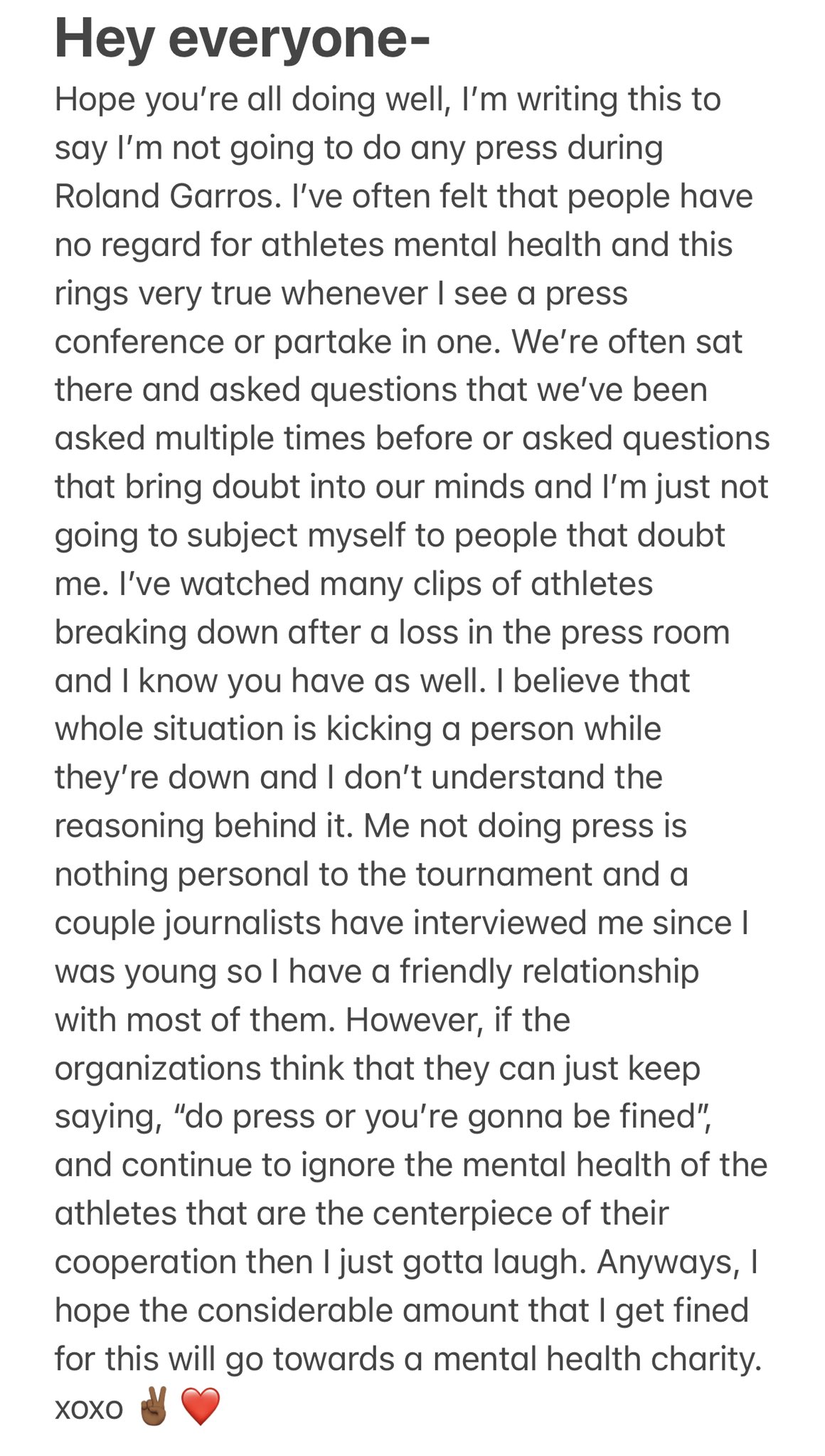 texto de Naomi Osaka sobre a saúde mental