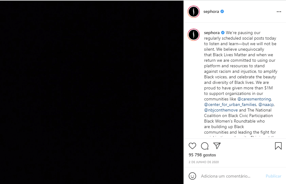 post no Instagram da Sephora sobre "Black Lives Matter"