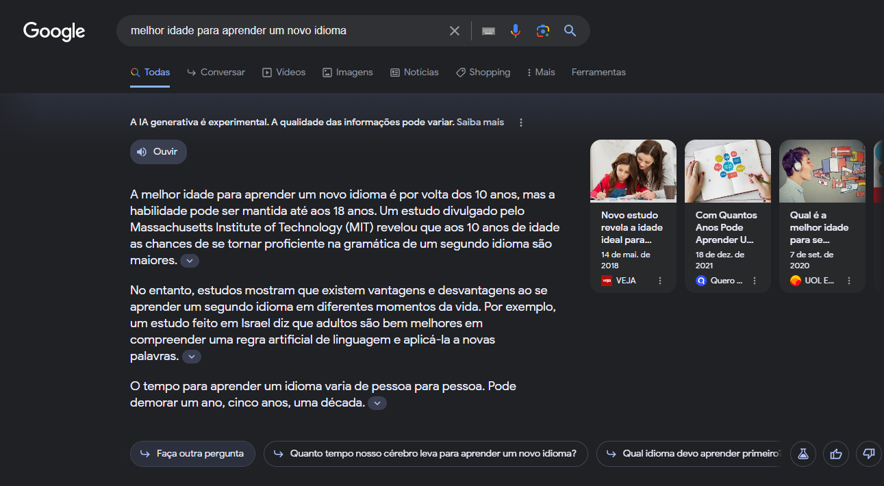 Resultado de uma pesquisa em IA Generativa do Google